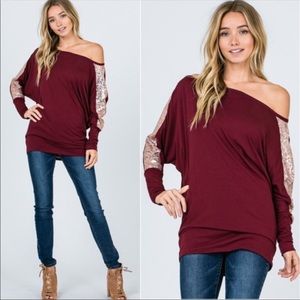 ❤️ Size Large New Burgundy Sequin Sleeve Holiday Top